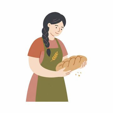 Young Female Baker Holding Freshly Baked Homemade Bread, Flat Vector Illustration of Artisan Bakery, Cooking, and Small Business