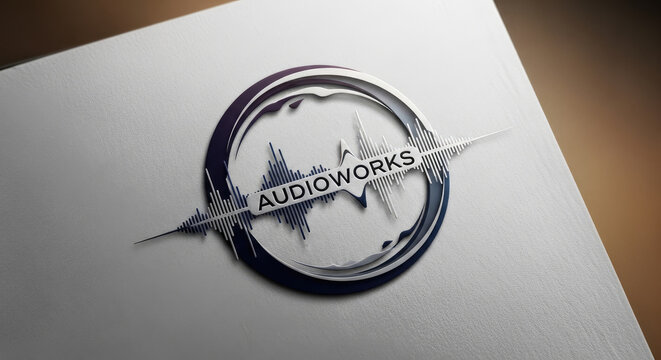 A white paper with a circular logo and audio waveform design.