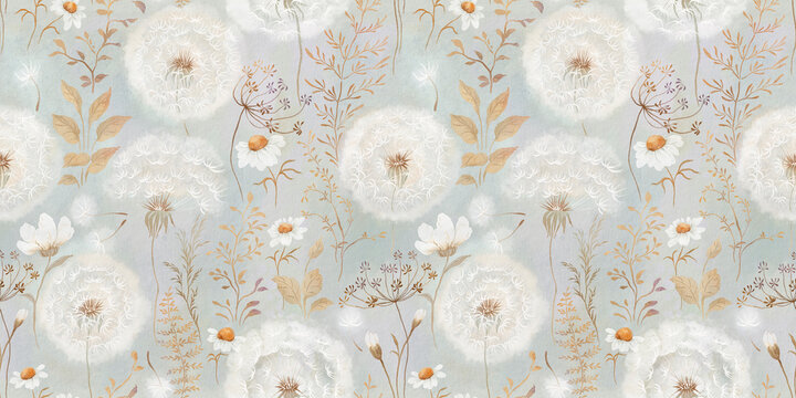 Watercolor seamless pattern with wildflowers, plants, dandelions and daisies. Delicate handmade print on paper texture for wallpapers, fabric, home textile or background, design floral pattern