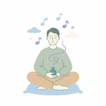 Young Man Meditating with Aromatherapy and Relaxing Music, Flat Vector Illustration of Mindfulness, Mental Health, and Wellness