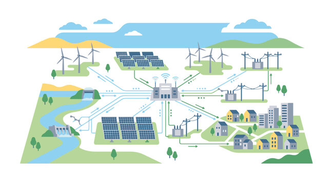Renewable energy flowchart infographic with wind solar and hydro power sources for smart city grid generation. EPS Editable