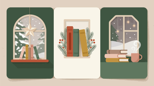 Cozy winter reading scenes by illuminated windows with holiday decorations