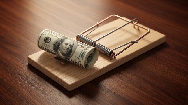 A rolled hundred dollar bill used as bait on a wooden mousetrap set on dark wood with rests trigger mechanism
