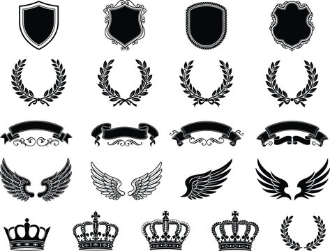 Heraldic vector collection with blank shields, laurel wreaths, decorative ribbons, angel wings, royal crowns, and vintage ornamental emblems