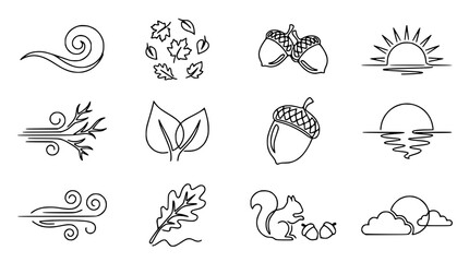 Obraz premium Autumn Nature Icons: Wind, Leaves, Acorns, Sun, Squirrel, Clouds Set