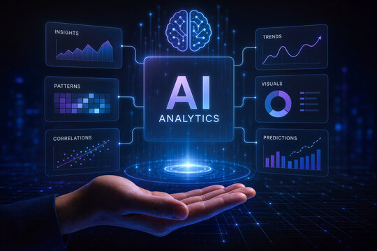 AI Analytics platform hand presenting AI-powered business intelligence visualization Dark futuristic environment for spreadsheet analysis pattern correlations insights trends predictions visuals