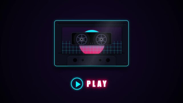 A vibrant eighties synthwave tape deck glowing with neon lights sits above a play button indicator that signals an nostalgic journey back through classic musical experiences from the decade