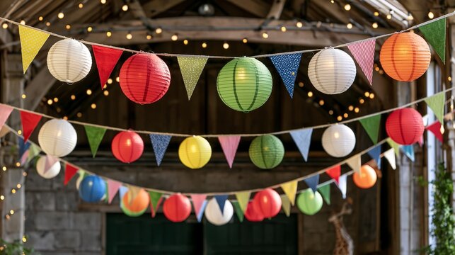 Colorful paper lanterns and triangular flags hang in festive outdoor party decoration with string lights against rustic wooden beams.