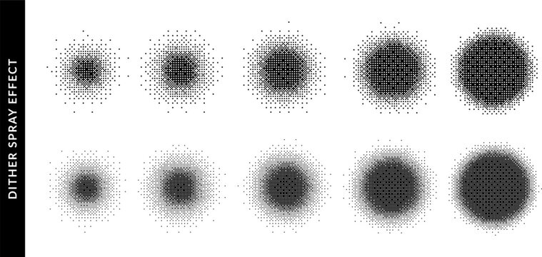 Dither radial effect in white background. Bitmap pixel dissolve vector elements