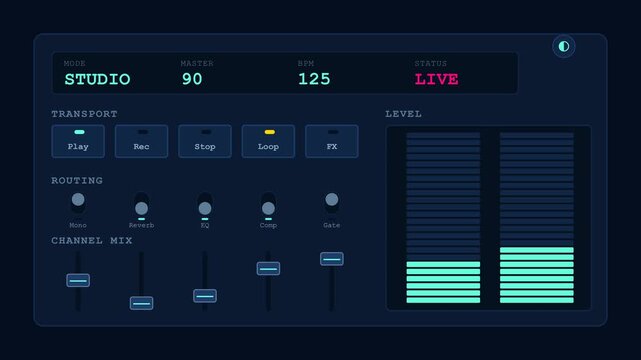 A professional graphical interface displays digital audio workstation controls featuring volume faders and signal meters for music production software setup within a dark blue computer screen
