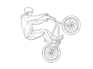 Fototapeta premium Line drawing of a person performing a wheelie on a BMX bike, showcasing balance and skill.