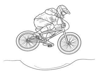 Fototapeta premium A detailed line drawing of a BMX rider in mid-air, performing a jump over a dirt track.