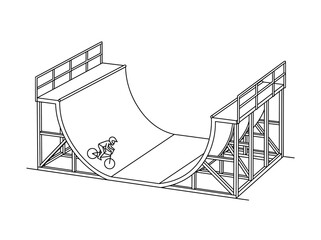 Fototapeta premium A line drawing of a person riding a BMX bike on a half-pipe ramp, illustrating an extreme sport activity.