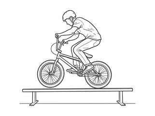 Fototapeta premium A person on a BMX bike balancing on a flat rail, wearing a helmet, in a line drawing style.