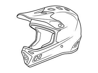 Fototapeta premium Line art illustration of a full-face mountain bike helmet with a visor and ventilation holes, depicted from a three-quarter view.