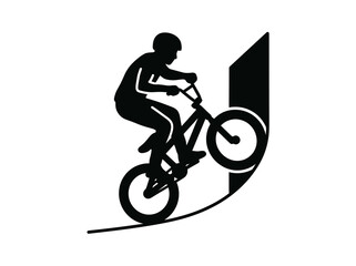 Fototapeta premium Dynamic black silhouette of a BMX cyclist in action, riding up a curved ramp or quarter pipe.
