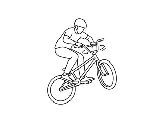 Fototapeta premium Line art illustration of a person wearing a helmet, riding a BMX bike and performing a wheelie trick with handlebars turning.