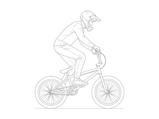 Fototapeta premium Line art illustration of a person riding a BMX bicycle, wearing a full-face helmet and protective clothing, depicted in a side profile view on a white background.