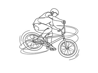 Fototapeta premium Continuous line drawing of a person riding a BMX bicycle with motion lines.