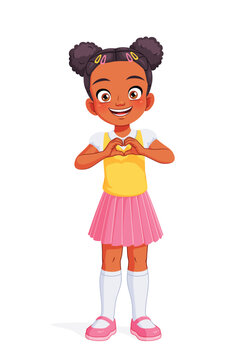 Happy African American school girl making a heart hand gesture. Cartoon vector illustration.