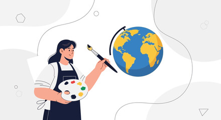 Fototapeta premium Artist painting the globe, creative concept illustration, world art and travel idea