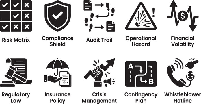 Set of black business and risk management with labels, including risk matrix, compliance shield, audit trail, and financial volatility