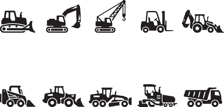 Set of black construction and heavy machinery featuring excavator, crane, forklift, backhoe, skid steer, loader, grader, and dump truck