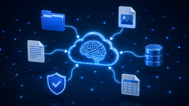 Cloud computing artificial intelligence brain integrating digital document files database and cyber security storage concept