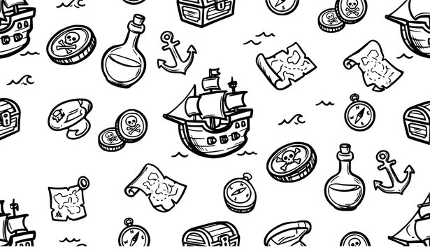 Seamless pattern with hand drawn pirate elements including ships treasure chests maps coins anchors and compasses