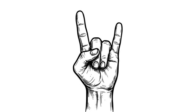 Hand drawn illustration of a human hand making the rock and roll sign gesture isolated on white