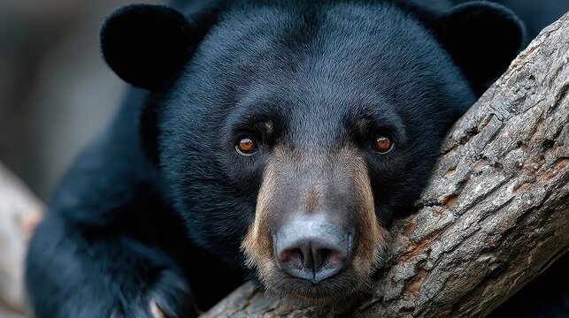 A striking close-up captures the intense gaze of a sun bear, as it rests its head on a tree limb, showcasing the beauty of this endangered animal