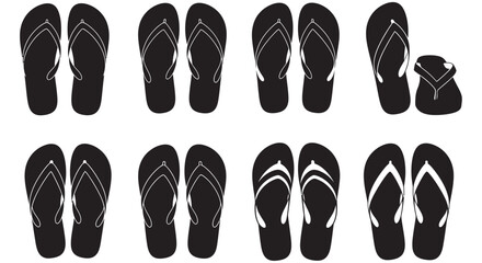 Fototapeta premium Set of black flip flops icons isolated on white background for summer beach design