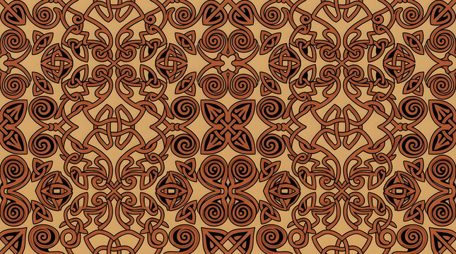 Brown geometric Celtic knot tribal seamless pattern.