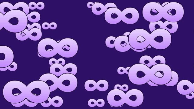Seamless loop. Lavender infinity symbols in assorted sizes march across deep purple backdrop. Endless looping animation symbolizes unlimited potential for tech, business, and motivational themes.