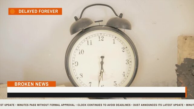 Vintage twin bell alarm clock sitting in a dusty room with satire broadcast news overlays. Surreal display capturing themes of delay and lost time.