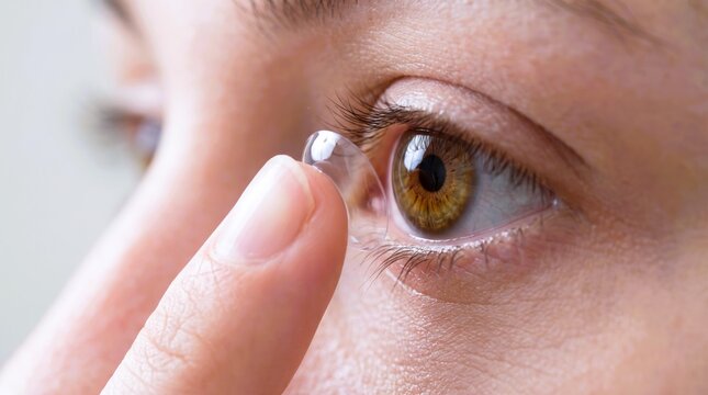 Brown eyed woman applying a clear contact lens using her index finger in bright lighting conditions
