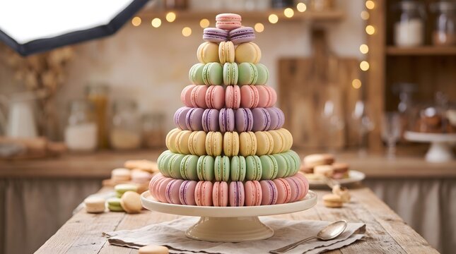 Colorful macaron tower, festive Dessert display, pastel meringue confectionery arrangement, wooden table treats, wedding party cake alternative, bakery celebration centerpiece