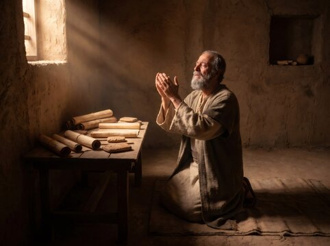 Prophet Daniel praying with ancient scrolls receiving light