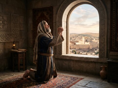 Prophet Daniel praying looking at Jerusalem Temple