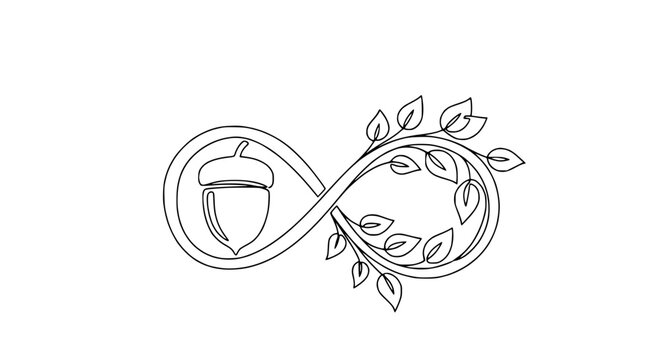 Infinity symbol with acorn and leaves, continuous line art, isolated