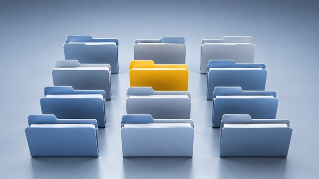 Yellow business folder standing out among grey folders in grid formation representing unique corporate identity and strategic document selection