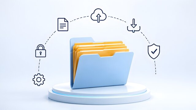 Secure file management concept with folder on podium surrounded by cloud synchronization download and privacy protection icons