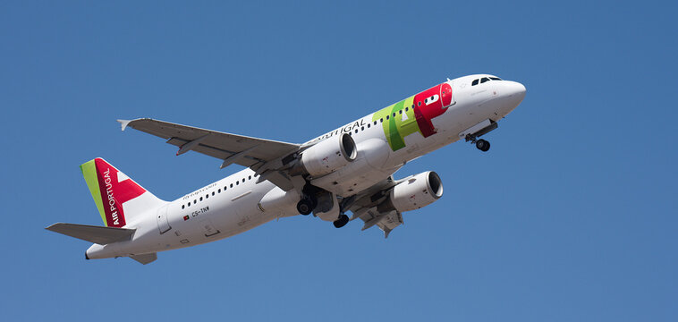 Tenerife, Spain august 29st, 2026. Airbus A320-214 TAP Air Portugal airlines, flies in the blue sky. Takeoff at Tenerife Airport. Retracting the landing gear