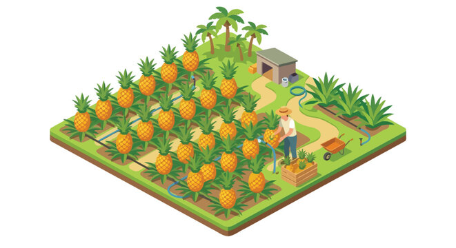 Isometric Pineapple Plantation Illustration with Farmer Harvesting and Irrigation System