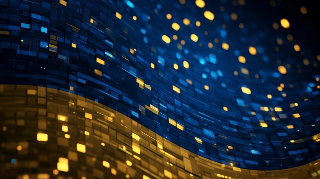 Abstract Digital Wave Background with Glowing Blue and Yellow Pixels, Futuristic Technology Concept