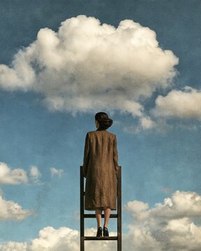 Businesswoman Climbing a Ladder Toward the Clouds