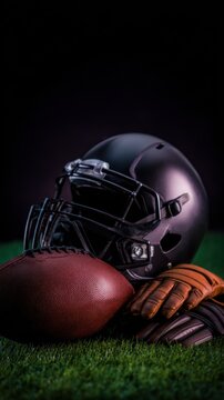 A close-up shot features a sleek black football helmet resting on a football, with gloves nearby