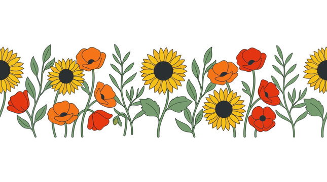 Seamless Floral Border: Sunflowers and Poppies, Hand-Drawn Botanical Pattern