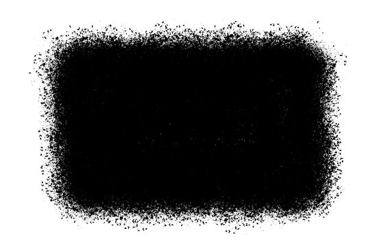 Black rectangular grunge paint texture with distressed splatter edges and rough brush effect isolated on transparent background.
