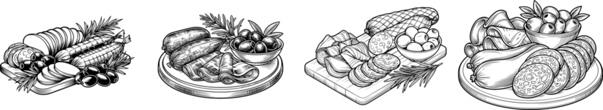 A black-and-white illustration of a charcuterie board with meats and olives, presented in an elegant, hand-drawn style against a white background